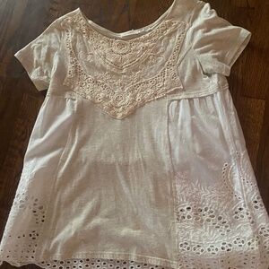 Lite grey and white eyelet top….great e we ugh short, pants, or jeans.